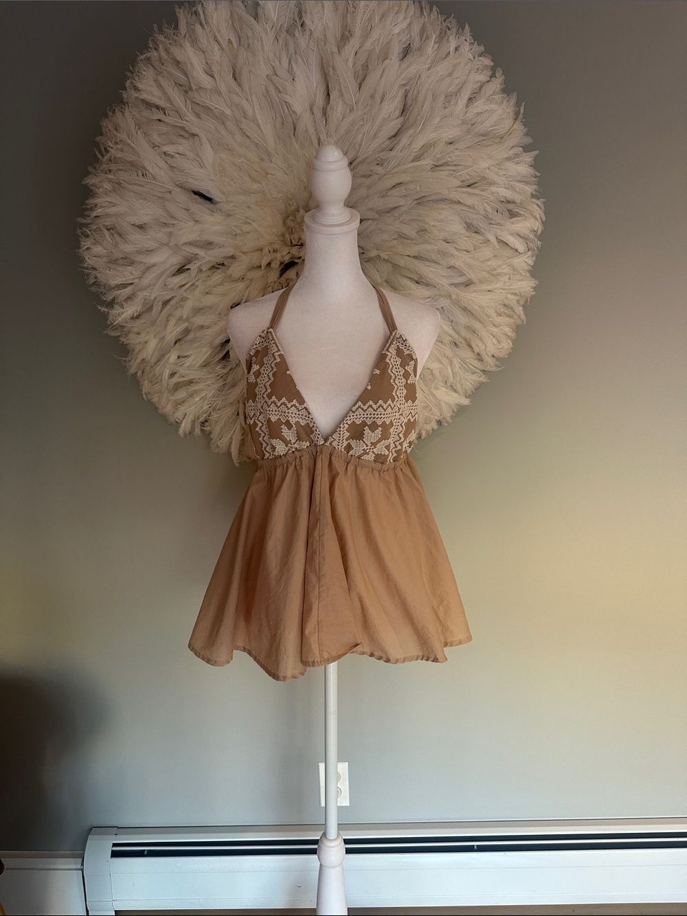 NWT Dixie Boho Crochet Halter Babydoll Top in Camel